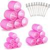 Carehabi Bigodini, 28pezzi Bigodini Grandi Set Bigodini Autoadesivi Bigodini Non Riscaldati con 10 Fermagli per Capelli Di Diverse Lunghezze Rosa