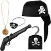 BALINCO Set pirata 5 pezzi per bambini composto da cappello da pirata nero + pistola + benda sull'occhio + catena dorata con ciondolo + gancio da pirata - Set di costumi per Carnevale/Carnevale