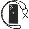Oelrstfe Cover per iPhone 16 Plus con Cordino,Custodia Silicone Morbido Sottile con Motivo Cuore e Collana Laccio Tracolla,Antiurto Antigraffio Corda Collo Regolabile Protettiva Case,Nero