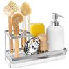 EOFJRUC Supporto per spugna per lavello da cucina, in acciaio inox, con porta scopino, dispenser di sapone color argento, con vassoio di scarico, antiruggine