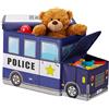 Relaxdays Sgabello Bambini Contenitore Giocattoli con Scomparto, Pieghevole, Furgone della Polizia 50 l, Blu Scuro