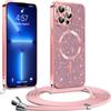 Phoona Glitter Cover per iPhone 13 Pro 6,1 con Cordino, Antiurto Silicone Protezione, Compatibile con MagSafe Cover con Cordino, Anti Graffi, Non Ingiallente, Rosa