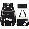 Amythe Zaino Scuola Elementare e Medie per Ragazze 9 10-14 Anni, Zaino Elementari Impermeabile con Ciondolo, 7 Tasche Set Scuola Zaini con Astuccio e Borsa Pranzo, Back to School, Nero