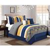 Chezmoi Collection Arden - Set di biancheria da letto moderno con motivo a zigzag, 7 pezzi, motivo a righe plissettate ricamate (king size, blu navy/grigio/giallo/bianco)