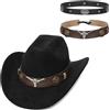 GEMVIE Cappello da cowboy in pelle scamosciata, due tipi di fascia per il cappello, falda larga, cappello western per uomo e donna, unisex, cappello western vintage, cappello da cowgirl, Nero , 56/58
