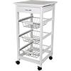 BAKAJI Carrello da Cucina Salvaspazio in Legno MDF Bianco con 3 Cestelli Portafrutta in Acciaio Cassetto Portaposate Piano d'Appoggio Piastrellato e 4 Ruote Girevoli 360 Gradi 37 x 82 cm