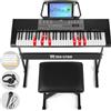 Mustar Pianoforte elettronico a 61 tasti con tasti illuminati, LCD, cuffie, supporto a X, sgabello, ripiano per spartiti, microfono, adesivi per note, altoparlanti integrati, 3 modalità di insegnamento