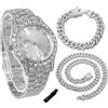 genkigold Orologio con Diamanti per Ragazzi - Quadrante Rotondo 43mm con Numeri Romani - Placcato in Platino Cinturino 20,5cm - Include Strumento di Regolazione, Abbinato a Catene Cubane 18cm+40cm