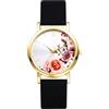 Avaner Orologio da donna in silicone: orologio con quadrante dipinto a fiori con stile rurale naturale e scala a barre, regalo di compleanno, festa della mamma, Bracciale nero e cassa dorata