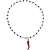 stylen Cavigliera Stile Rosario con Cristalli Neri, Catena Colore Argento e Ciondolo Cornetto Rosso Portafortuna, Chiusura Moschettone, Lunghezza 25 cm