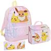 Pokémon Set da 3 pezzi con zaino Pokemon + borsa per il pranzo + astuccio, motivo: Pikachu & Eevee, rosa, L, Zaino