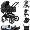 ALYIKOU trio passeggino neonati in offerta fino 25 kg,Carrozzina reversibile fronte mamma e strada, Pieghevole，Con borsa mamma, portabicchieri, copertura antipioggia，nero