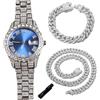 Genkigold Orologio con Diamanti per Ragazzi - Quadrante Rotondo 42mm con Numeri Romani in Blu - Placcato in Platino Cinturino 20cm - Include Strumento di Regolazione,Abbinato a Catene Cubane 18cm+40cm