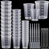 MirraSwit 30 Pezzi Misurino Graduato, Trasparente Misurino di Riutilizzabili Plastica, 30ml/50ml/100ml Contenitore Graduato, con Gocce e Cucchiai Miscelatori per Cucina e Laboratorio
