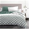 HOME LINGE PASSION Parure copripiumino 240 x 260 cm - 3 pezzi - morbido percalle di cotone - copripiumino + federe - bianco e verde - modello L'elegante