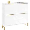 SoBuy Scarpiera Salvaspazio Slim Ingresso - Mobile Scarpiera Bianca con 4 Ante a Ribalta, Profondità 19 cm, Design Nordico con Finitura Lucida e Maniglie Dorate, 100x19x90cm, FSR206-GW