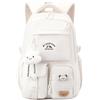 JIABAOZ School Backpack Girls, Cute Kawaii Backpack with Tags and Badges, Multiple Compartments Large Travel Book Bag Korean Aesthetic Daypack for Children's 3rd to 7th Grade (White)
