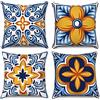 Hnmdmyi Copricuscino Boho 40x40 Set di 4, Blu e Arancione Mandala Geometrico Floreale Agriturismo Copricuscino decorativo in lino per Divano Letto Giardino Esterno Home Decor