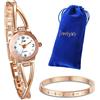 JewelryWe Set Orologio da Polso Bracciale per Donna, Orologio Strass con il Braccialetto di Oro Rosa, Regalo per Natale