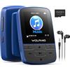 WOLFANG Lettore MP3 da 64 GB con Bluetooth 5.3, clip sportiva, formato mini, peso 28,3 g, radio FM HiF, registratore vocale, auricolari inclusi