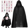 Leonshco Mantello nero per bambini e adulti, mantello medievale da vampiro, mantello per Halloween, mantello con cappuccio, accessorio per cosplay con adesivi cicatrici, per feste di Halloween, feste in