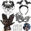 Capgoost Cerchietto per capelli, Halloween, pipipistrello ragno, maschera nera in pizzo con tatuaggio per il viso di Halloween, fascia per capelli in peluche a pipipistrello, maschera veneziana da