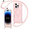Knrlqim Magnetica Cover con Cordino per iPhone 14 Pro, Compatibile con Magsafe,Custodia con Laccio Collana Tracolla Corda,Cornice Ondulata Traslucida Opaca Sottile Antiurto Protettiva Case,Rosa