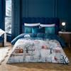 Paoletti Set copripiumino Paoletti Starlight - Set di biancheria da letto di lusso in raso di cotone a 200 fili Winter Village con bordino (Blu Notte - Singolo)