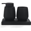 AJEUNGAIN Set Bagno Nero - Dispenser Sapone, Portaspazzolino, Vassoio da Vanity, Moderno Accessori Bagno con Rivestimento in Gomma, Organizzatore da Banco Decorativo (Nero)