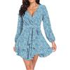 DEARCASE Donna Abito Elegante da Donna retrò A Tinta Unita Floreale Maniche Lunghe Casuale Estate Cocktail Evening Party Abiti da Sera con Cinturini in Vita, Floral Blu XL