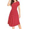 DEARCASE Vestito a Tunica a Maniche Corte da Donna Motivo a Pois Scollo Rotondo Vestito Midi per L'Estate Stile Scampanato Casual con Tasche 3XL, Rosso