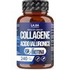 LA.GA Collagene e Acido Ialuronico con BIOTINA per Capelli, Pelle, Unghie e Articolazioni. Collagene Idrolizzato 240 compresse 2000 MG con Zinco, CoQ10 e Vit. C + E per Ossa e Denti Forti. Made in Italy