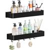 Wisfame Mensola Doccia Senza Foratura,Nero Portaoggetti Doccia con 5 Ganci Removibili, Lmpermeabile e Antiruggine Mensole Bagno,2 Pezzi Organizer Bagno per Shampoo Sapone Bagnoschiuma
