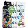 LET'S WANDER Borraccia World Explorer Adventure con 50 Adesivi Impermeabili - 946 ml, Borraccia Isolata Anti-Perdita in Acciaio Inox con Cannuccia - Bottiglia da Viaggio, Regalo per Obiettivi (Blu)