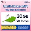 TSIM eSIM Corea del Sud | Piano Ricaricabile da 20GB! Codice QR inviato via email entro 24 ore -Scansiona e Usa | Attivazione Automatica con Validità di 30 Giorni | 5G | Solo Dati,Nessun Numero di Telefono