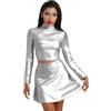 FYMNSI Costume alieno da donna Raver, costume da Halloween Space Girl Glänzed Metallic Wetlook Crop Top Vita Alta Mini Gonna Set Carnevale Cosplay Party Travestimento Clubwear Argento - Manica Lunga