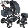 tectake® Passeggino Combinato Pieghevole, 2 in 1, Passeggino Leggero con Cintura a 5 Punti Regolabile, Tettuccio Parasole, Freno a Pedale, Passeggino per Bambini da 0 a 3 Anni - Antracite