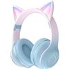 Usoun Cuffie Bluetooth cartone animato,con orecchie da gatto con luce a LED,slot per schede SD,jack audio da 3,5 mm,cuffie sovraurali pieghevoli,senza fili e cablate,per bambini,bambine (grigio blu)