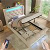 HOXINBLY Letto Singolo 90x200 con LED e USB, Letto Una Piazza e Mezza con Contenitore Idraulico e testiera, Letto Contenitore con doghe, Struttura Letto Singolo in Velluto Beige (Senza Materasso)