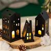 Romadedi Casetta luminosa in metallo per decorazioni natalizie, colore nero: mini lanterna per Halloween, portacandele per casa, con luce a LED, per soggiorno, Natale, decorazione per la stanza dei
