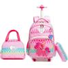 Egchescebo Zaino con Rotelle per Ragazze Carrello Porta Trolley Scuola Primaria Astuccio Bambina Giocattolo di Unicorno Ragazza Ruote Lunch Box 17" Borsa da Scuola a Rullo Ragazze Bambini Rosa Rossa