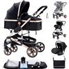 ALYIKOU Passeggino Trio 0-25 kg Passeggino set 3-in-1: Passeggino + Navicella bambini 0 fino a 36 mesi o 25 kg Regolabile e pieghevole, Ruote grandi, Cappotina nero e oro