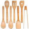 BlauKe® Set di Utensili da Cucina in Legno di Bamboo - Kit di 7 Accessori per Cucina Antigraffio (Paletta, Spatola, Pinze, Cucchiaio in Legno, Mestoli) - Attrezzi in Bambù Naturale