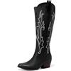 DREAM PAIRS Stivali da Cowboy Alti Fino al Ginocchio con Cerniera Laterale da Donna, Comodi Tacco Grosso Retrò Stivali da Cowgirl Western Ricamati,Size 39,Nero,DWUMKB2501