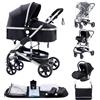 ALYIKOU Passeggino Trio 0-25 kg Passeggino set 3-in-1: Passeggino + Navicella bambini 0 fino a 36 mesi o 25 kg Regolabile e pieghevole, Ruote grandi, Cappotina nero e oro