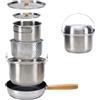 KingCamp Set pentole campeggio in acciaio inox, set cucina da campeggio con scolapasta, pentole da campeggio adatte all'induzione, per campeggio, trekking e picnic (set da 4 pezzi senza bollitore)