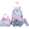 Egchescebo Zaino con Rotelle per Ragazze Carrello Porta Trolley Scuola Primaria Astuccio Bambina Giocattolo di Unicorno Ragazza Ruote Lunch Box 17" 3PCS Borsa da Scuola a Rullo Ragazze Bambini Rosa