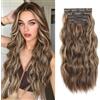 Fine Plus Extension per capelli con clip, 4 pezzi, castano chiaro misto biondo miele, 50 cm, extension per capelli lunghi ondulati con clip, extension per capelli in fibra sintetica, da donna