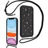 Vxinvnoi Cover Cordino per iPhone 12 6,1, Aesthetic Cuore Disegni Ragazze Custodia con Corda Collana Tracolla Laccio, Sottile Silicone Morbido TPU Bumper Antiurto Protettiva Case per iPhone 12, Nero