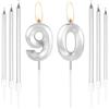 mciskin Candele per torta in argento con 90 ° compleanno, numero 3D, 90 candele con 6 candele lunghe/sottili, decorazioni per torte in argento per donne e uomini, accessori per decorazioni di